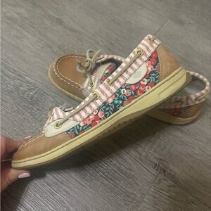 Sperry Floral Boat Shoes with Tan and Pink Accents
